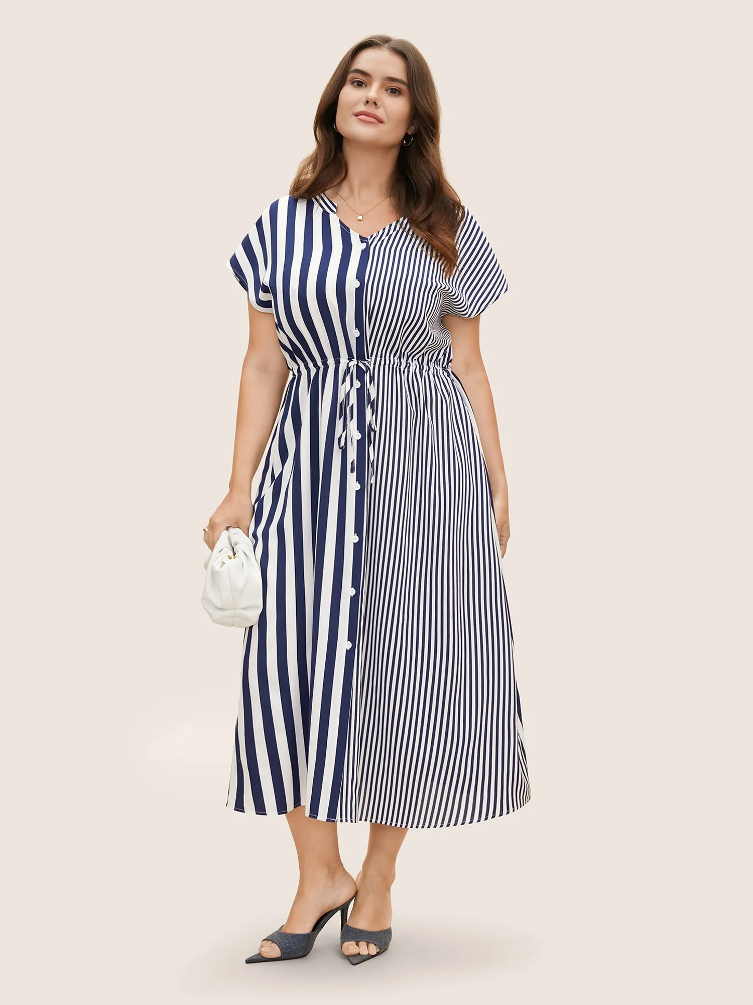 Striped Patchwork Drawstring Dolman Sleeve Dress sold by Bloomchic product image thumbnail 3