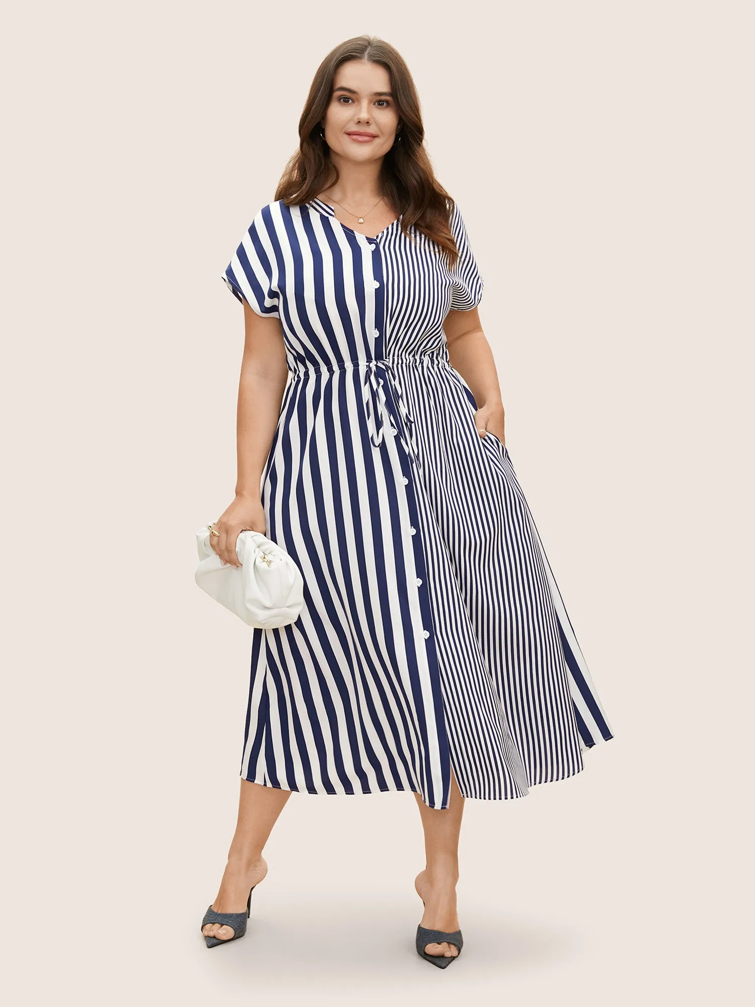 Striped Patchwork Drawstring Dolman Sleeve Dress sold by Bloomchic