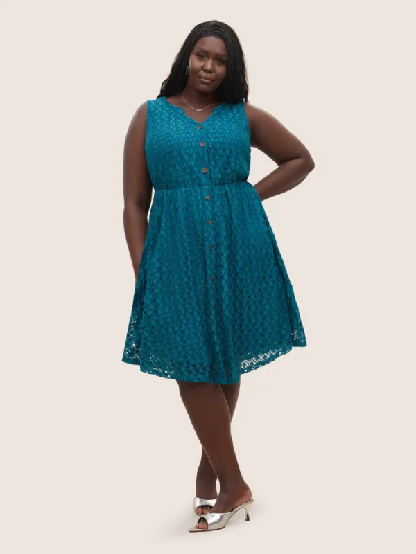 Textured Notched Button Detail Sleeveless Dress sold by Bloomchic