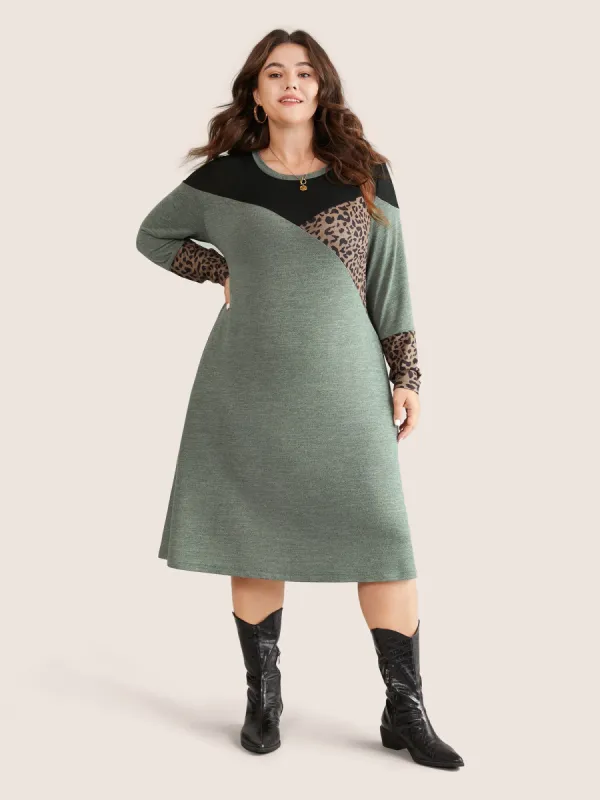 Leopard Patchwork Colorblock Contrast Round Neck Dress sold by Bloomchic