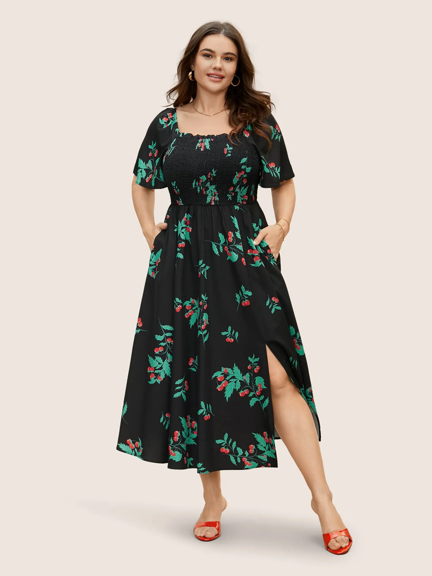 Square Neck Tomato Print Split Hem Dress sold by Bloomchic