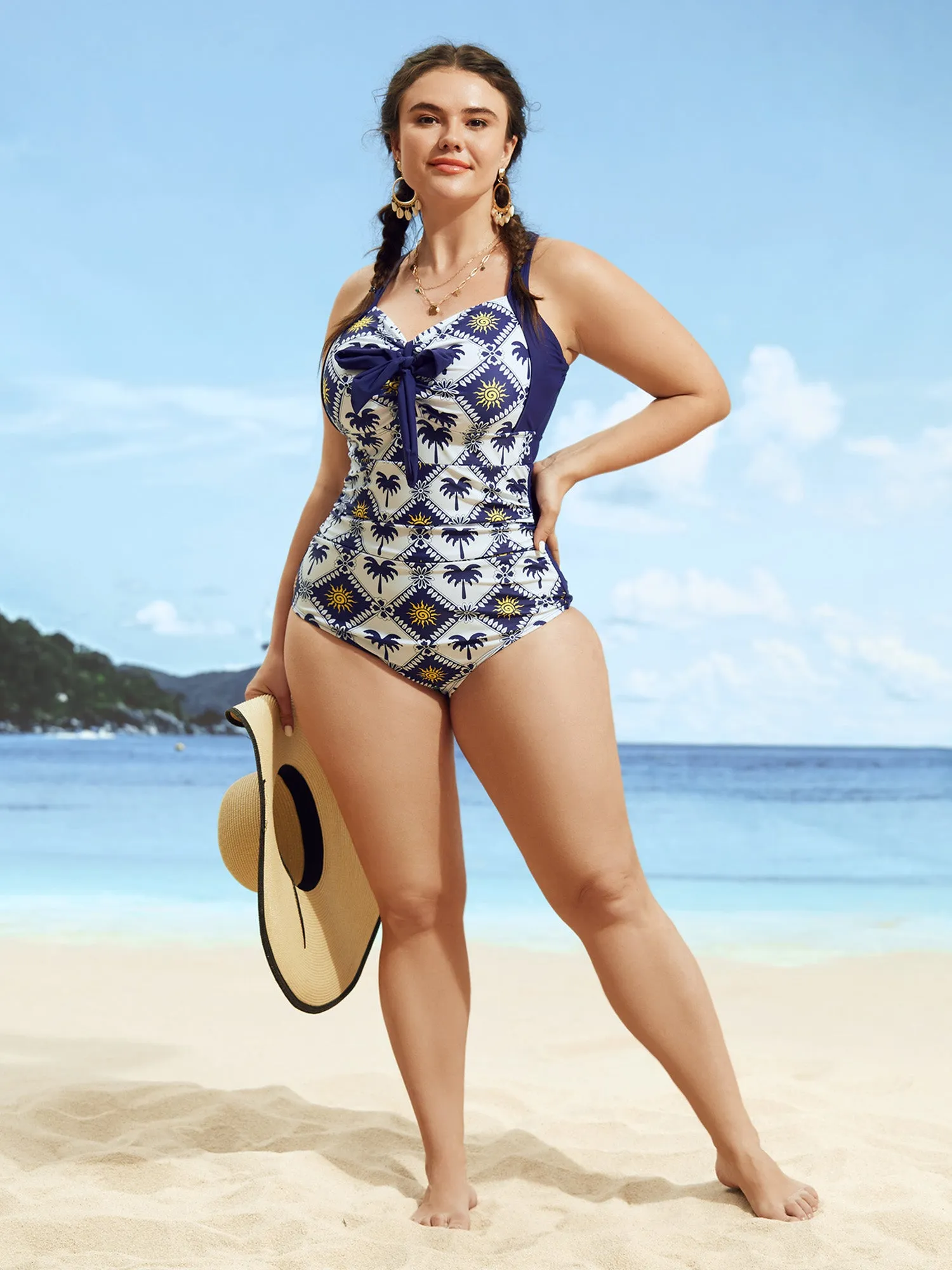 Tropical Print Patchwork Gathered Knotted One Piece Swimsuit sold by Bloomchic product image thumbnail 3