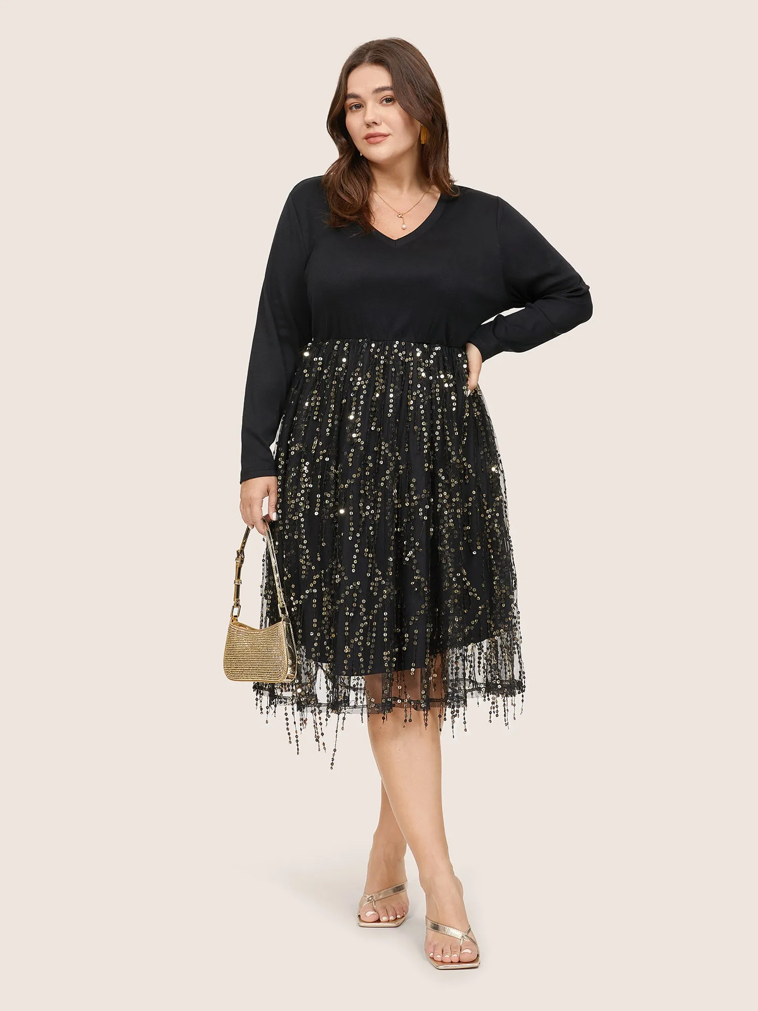 Patchwork Sequin Mesh Tassel Trim Dress sold by Bloomchic