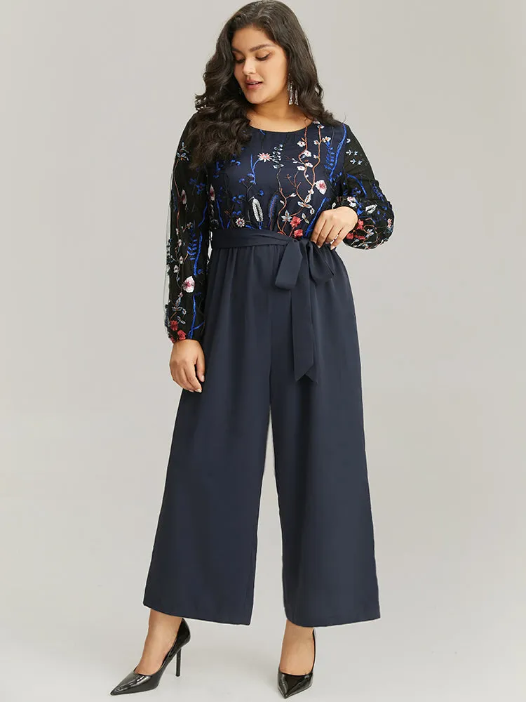 Halloween Floral Embroidered Belted Lantern Sleeve Jumpsuit sold by Bloomchic