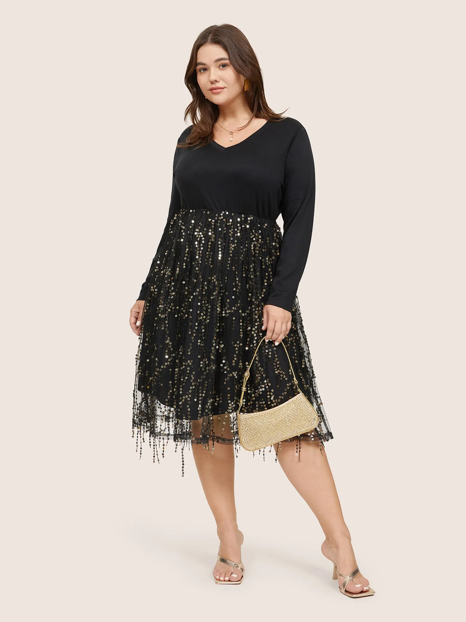 Patchwork Sequin Mesh Tassel Trim Dress sold by Bloomchic product image thumbnail 2