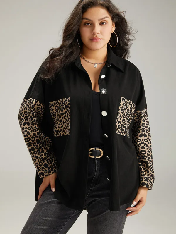 Leopard Patchwork Contrast Pocket Button Up Shacket sold by Bloomchic