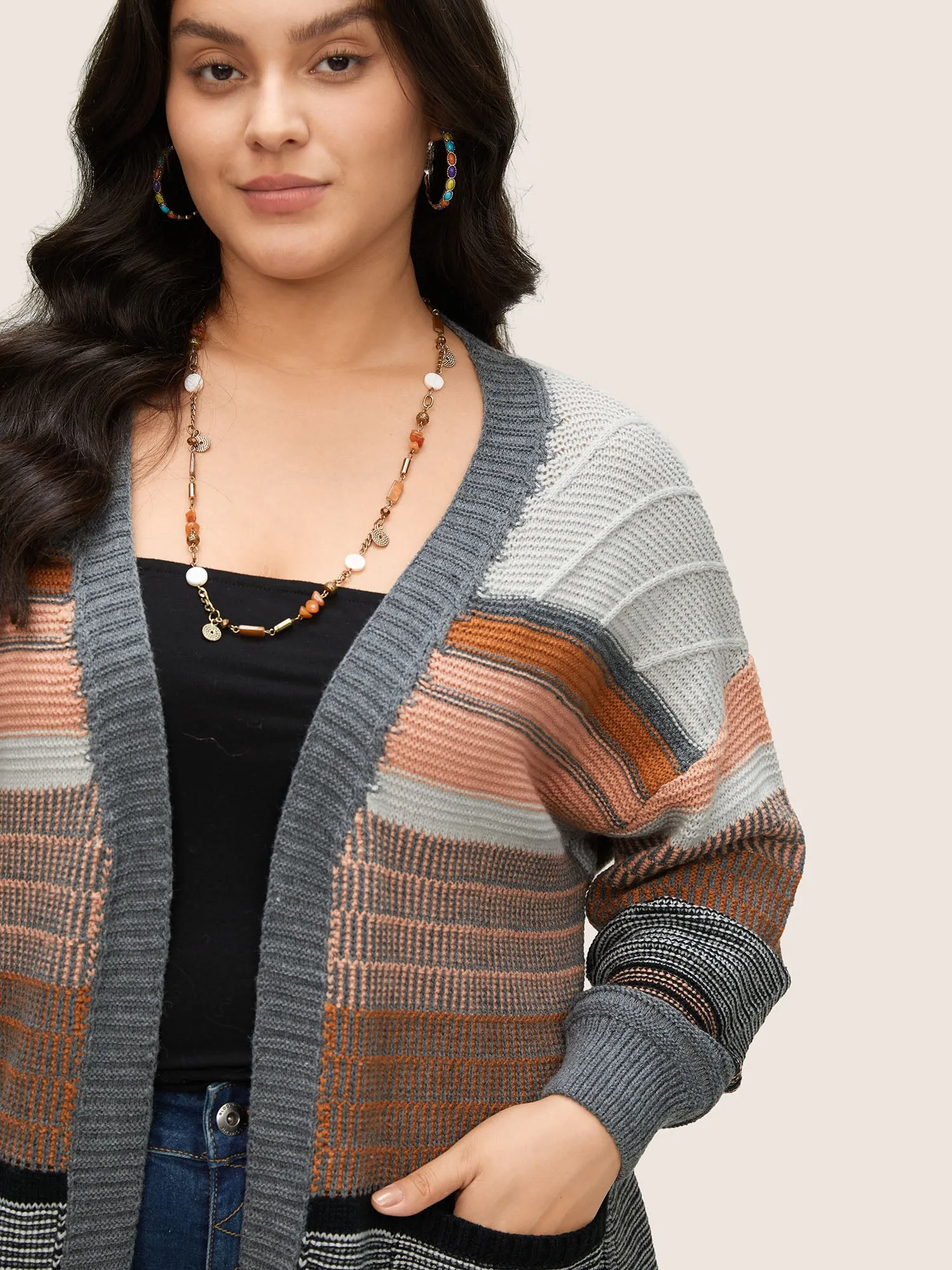 Textured Patchwork Contrast Pocket Open Front Cardigan sold by Bloomchic product image thumbnail 3