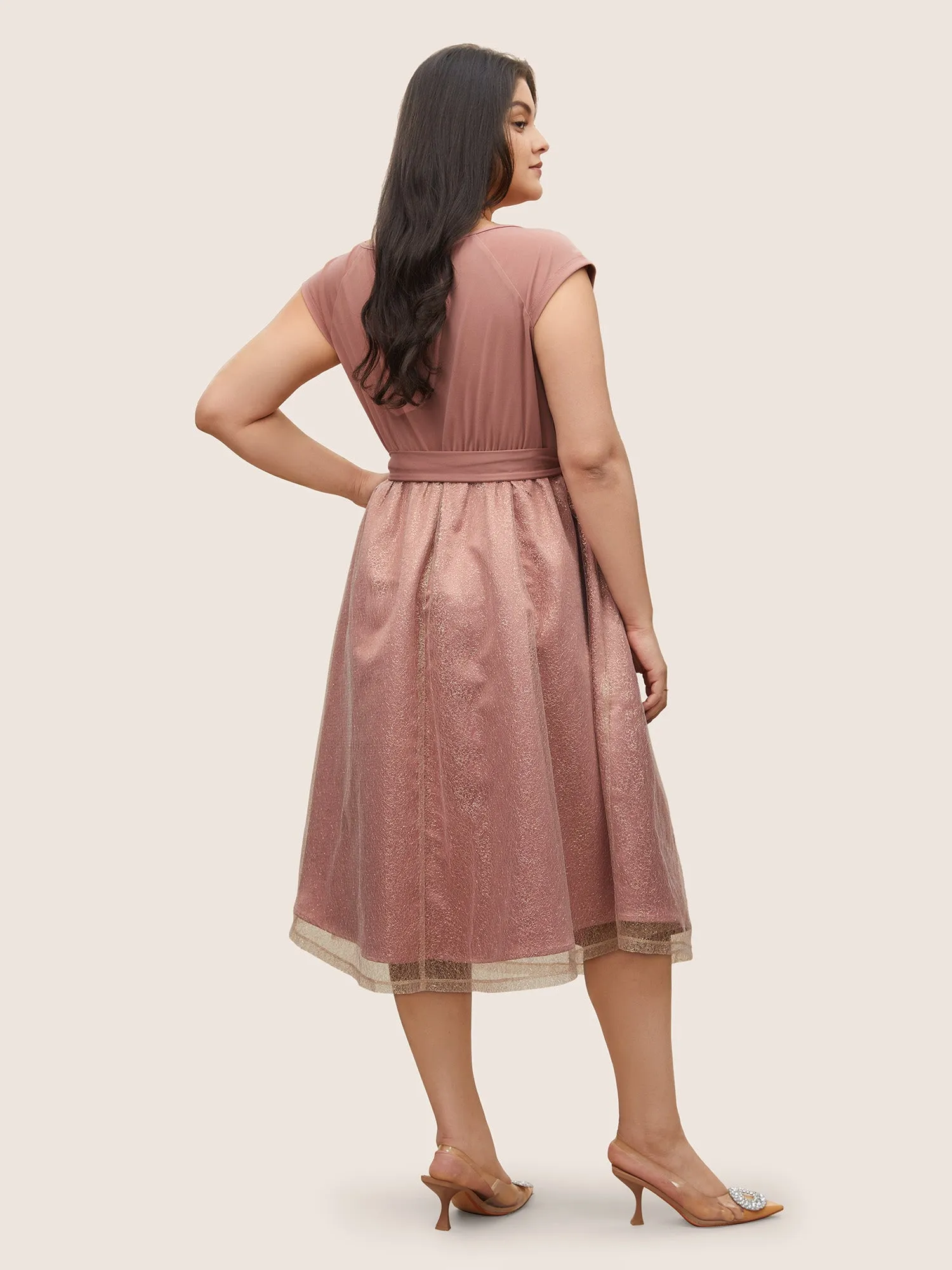 Textured Mesh Patchwork Belted Boat Neck Dress sold by Bloomchic product image thumbnail 3