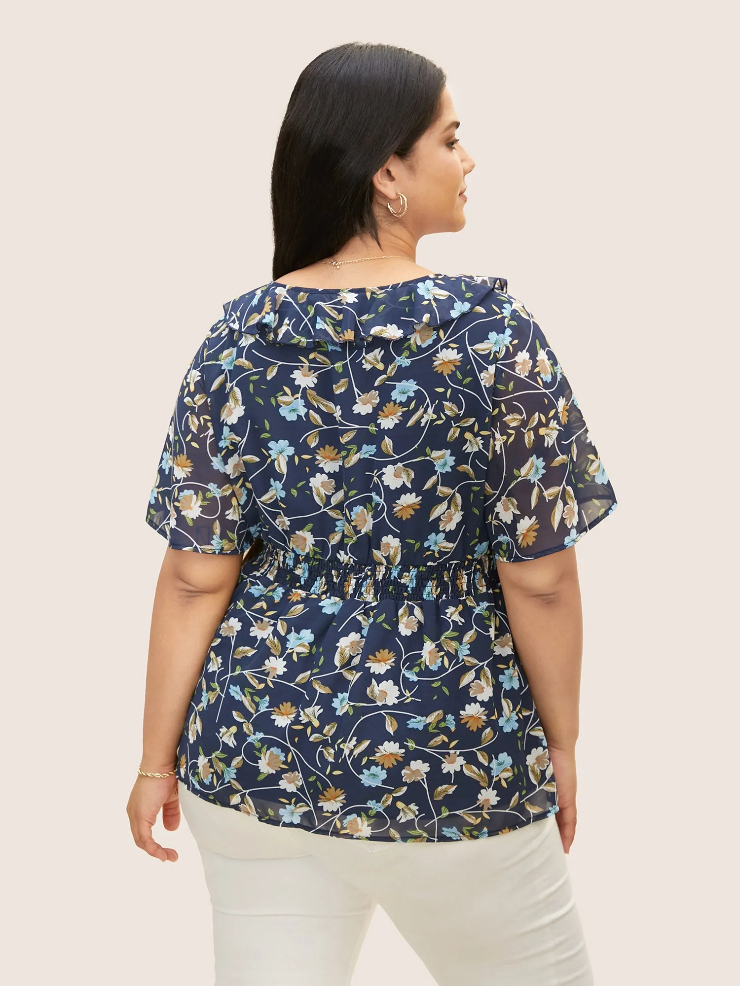 Round Neck Floral Ruffles Shirred Blouse sold by Bloomchic product image thumbnail 3