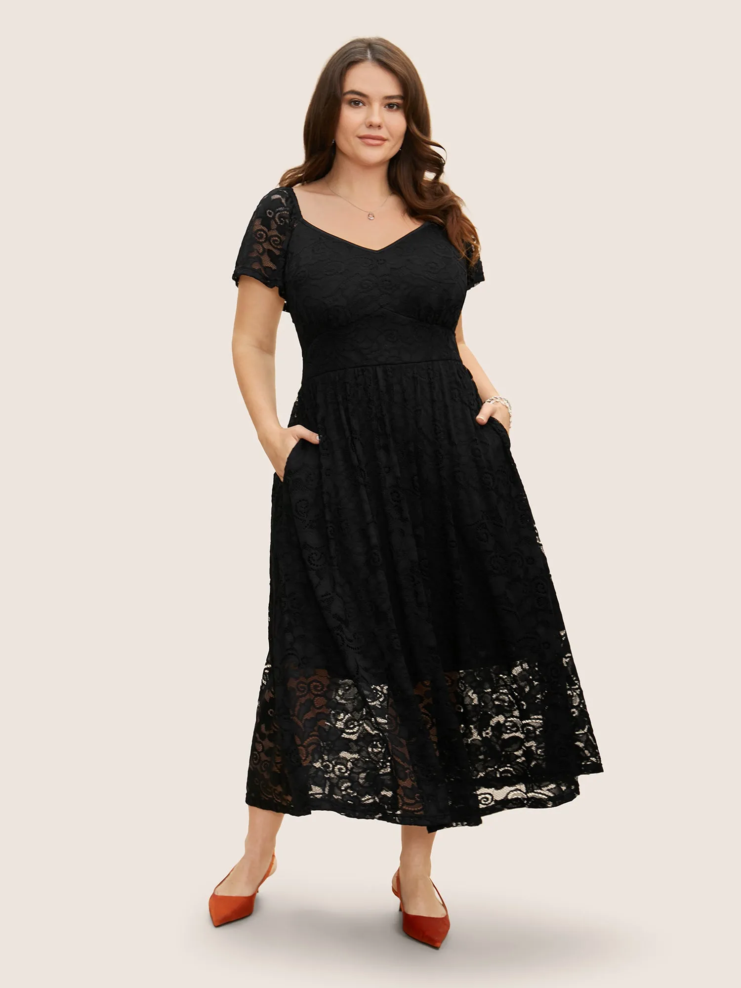 Heart Neckline Crochet Lace Mesh Flutter Sleeve Dress sold by Bloomchic