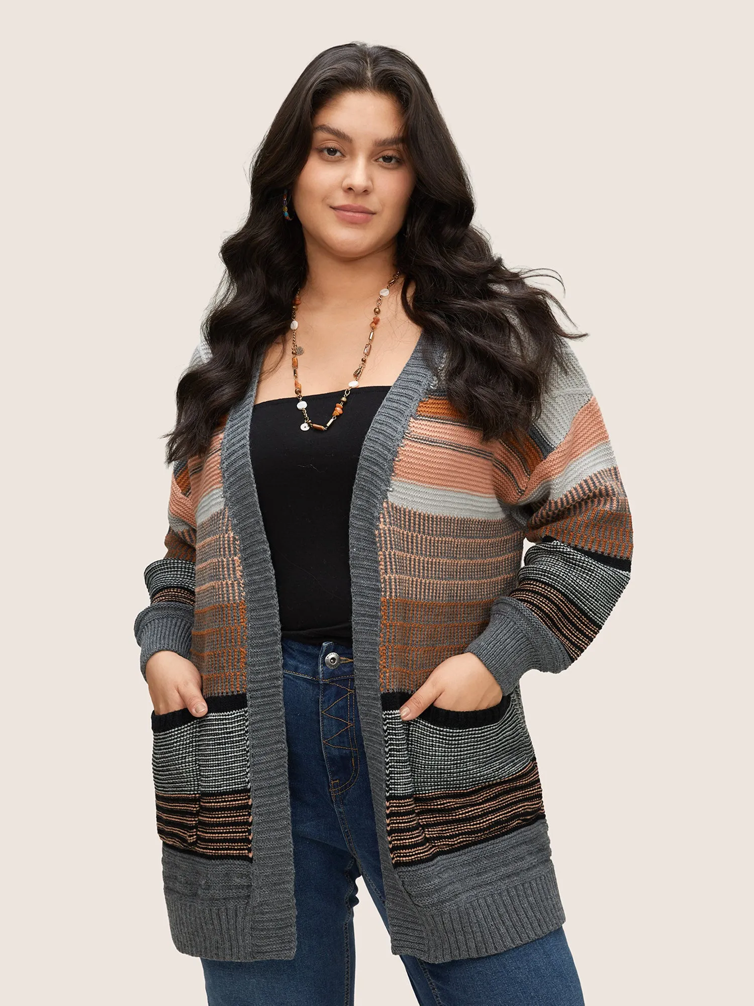 Textured Patchwork Contrast Pocket Open Front Cardigan sold by Bloomchic