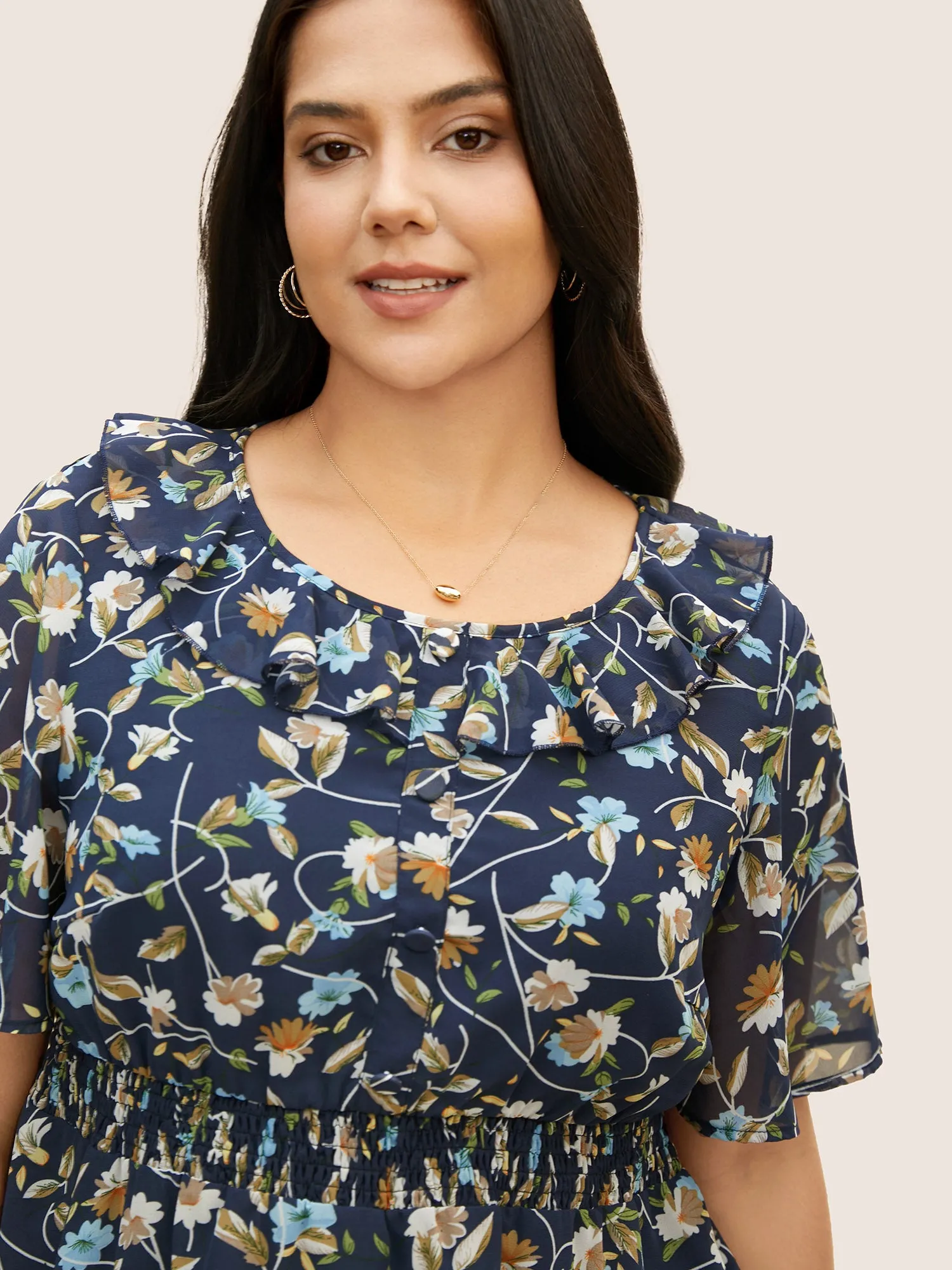 Round Neck Floral Ruffles Shirred Blouse sold by Bloomchic product image thumbnail 4