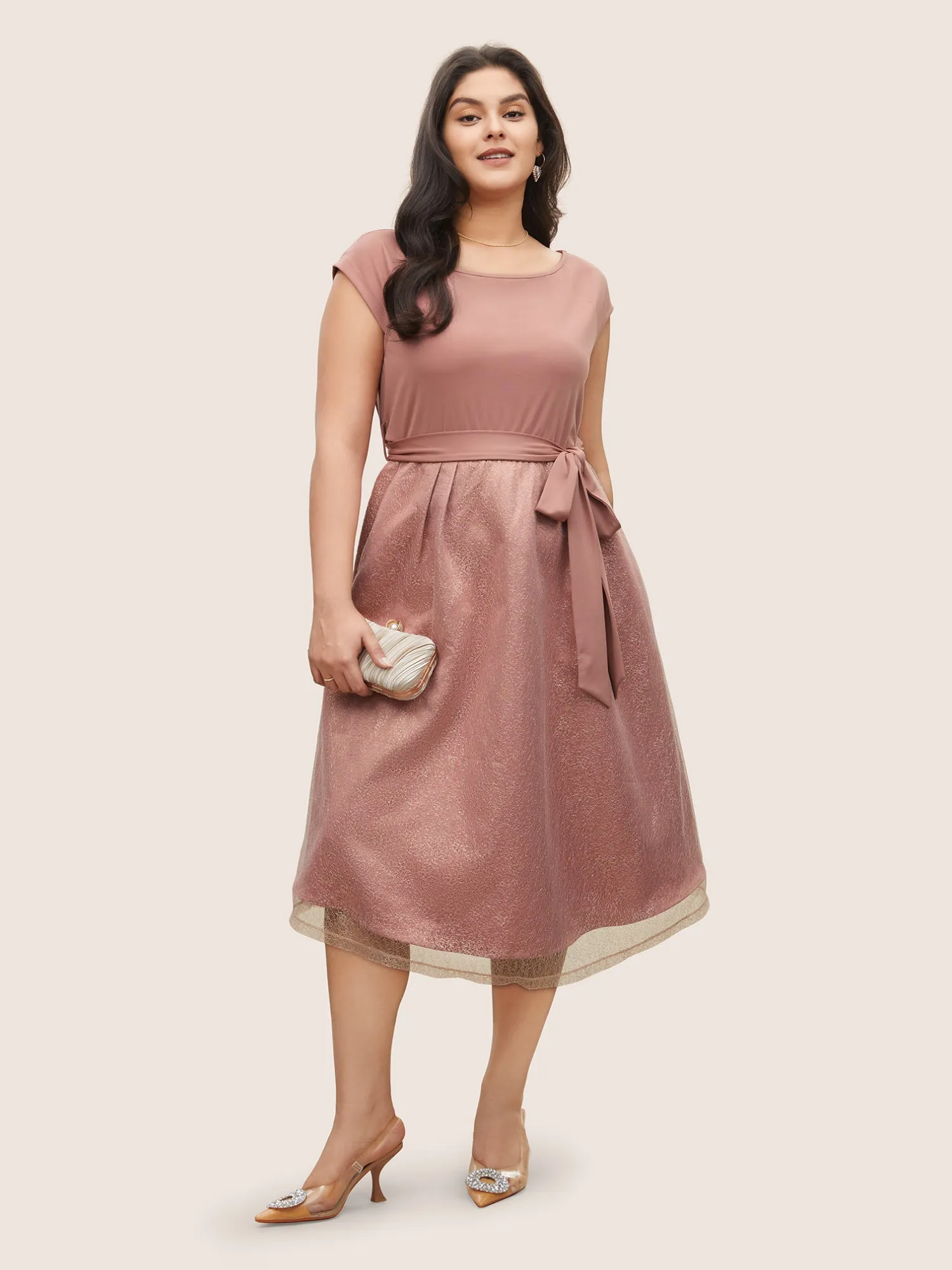Textured Mesh Patchwork Belted Boat Neck Dress sold by Bloomchic