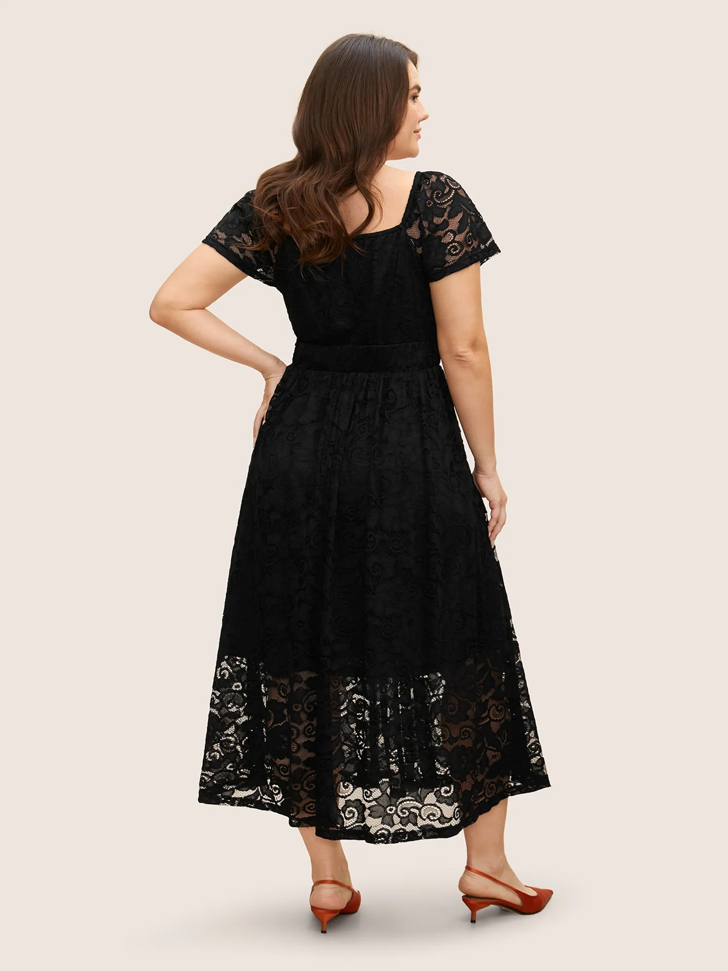 Heart Neckline Crochet Lace Mesh Flutter Sleeve Dress sold by Bloomchic product image thumbnail 4