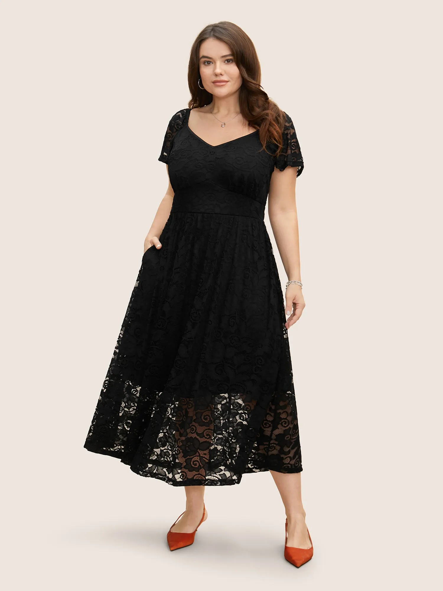 Heart Neckline Crochet Lace Mesh Flutter Sleeve Dress sold by Bloomchic product image thumbnail 3
