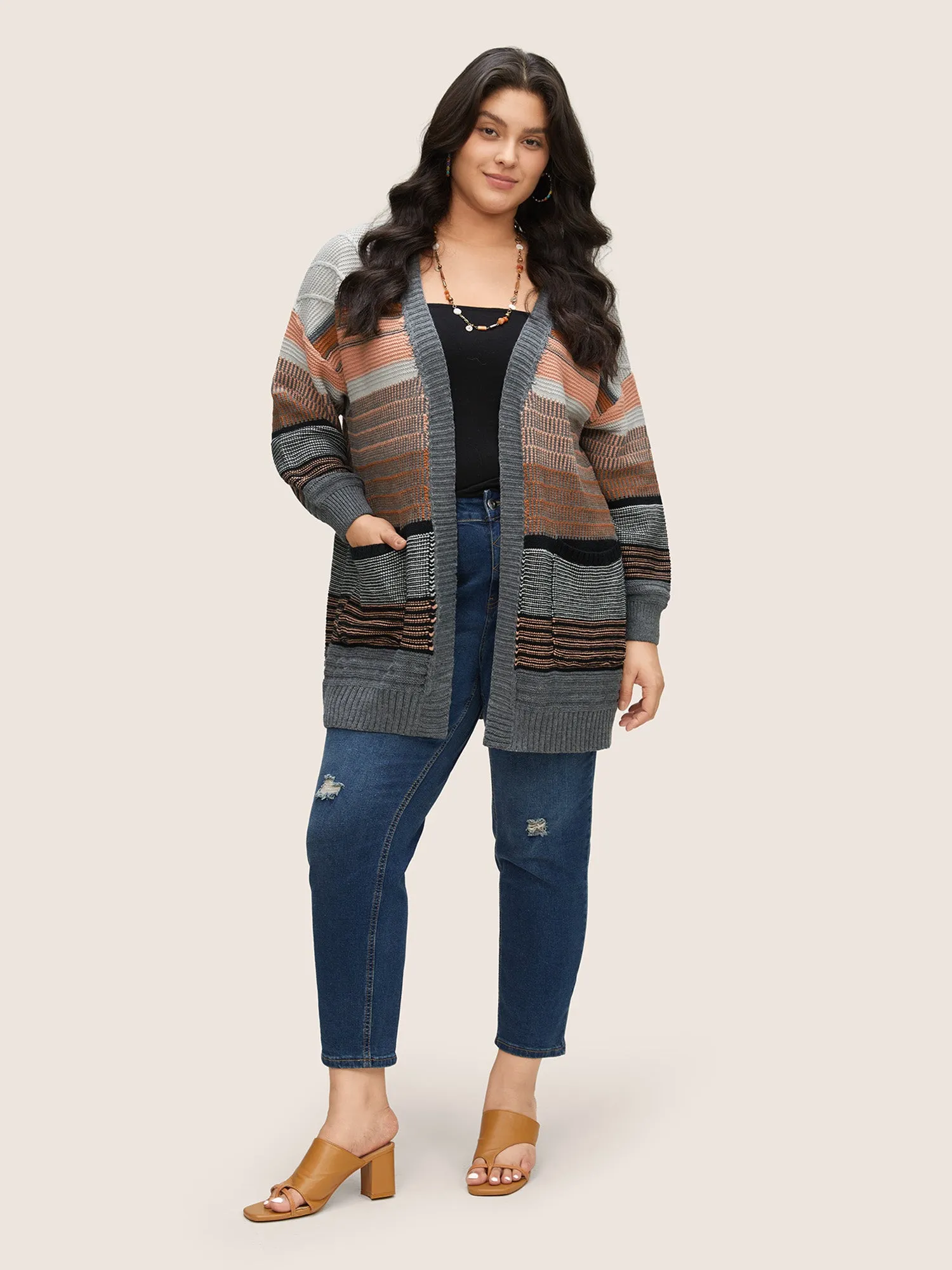 Textured Patchwork Contrast Pocket Open Front Cardigan sold by Bloomchic product image thumbnail 2