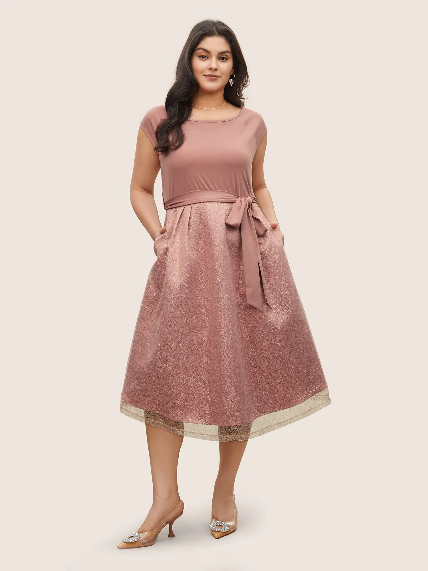 Textured Mesh Patchwork Belted Boat Neck Dress sold by Bloomchic product image thumbnail 2