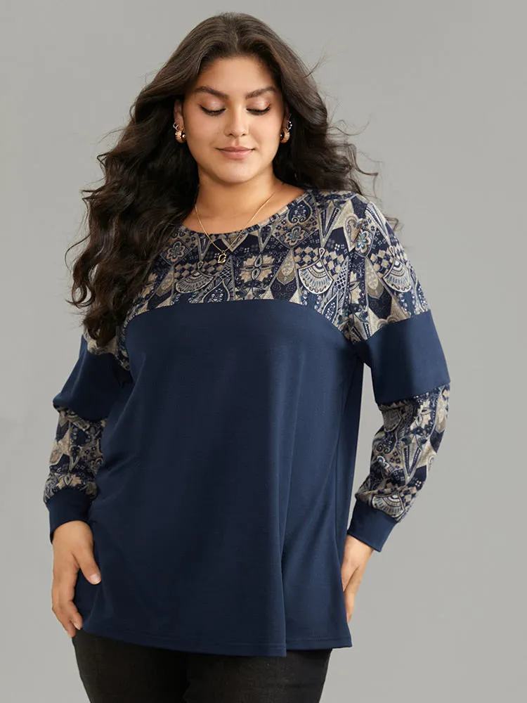 Boho Print Patchwork Round Neck Sweatshirt sold by Bloomchic