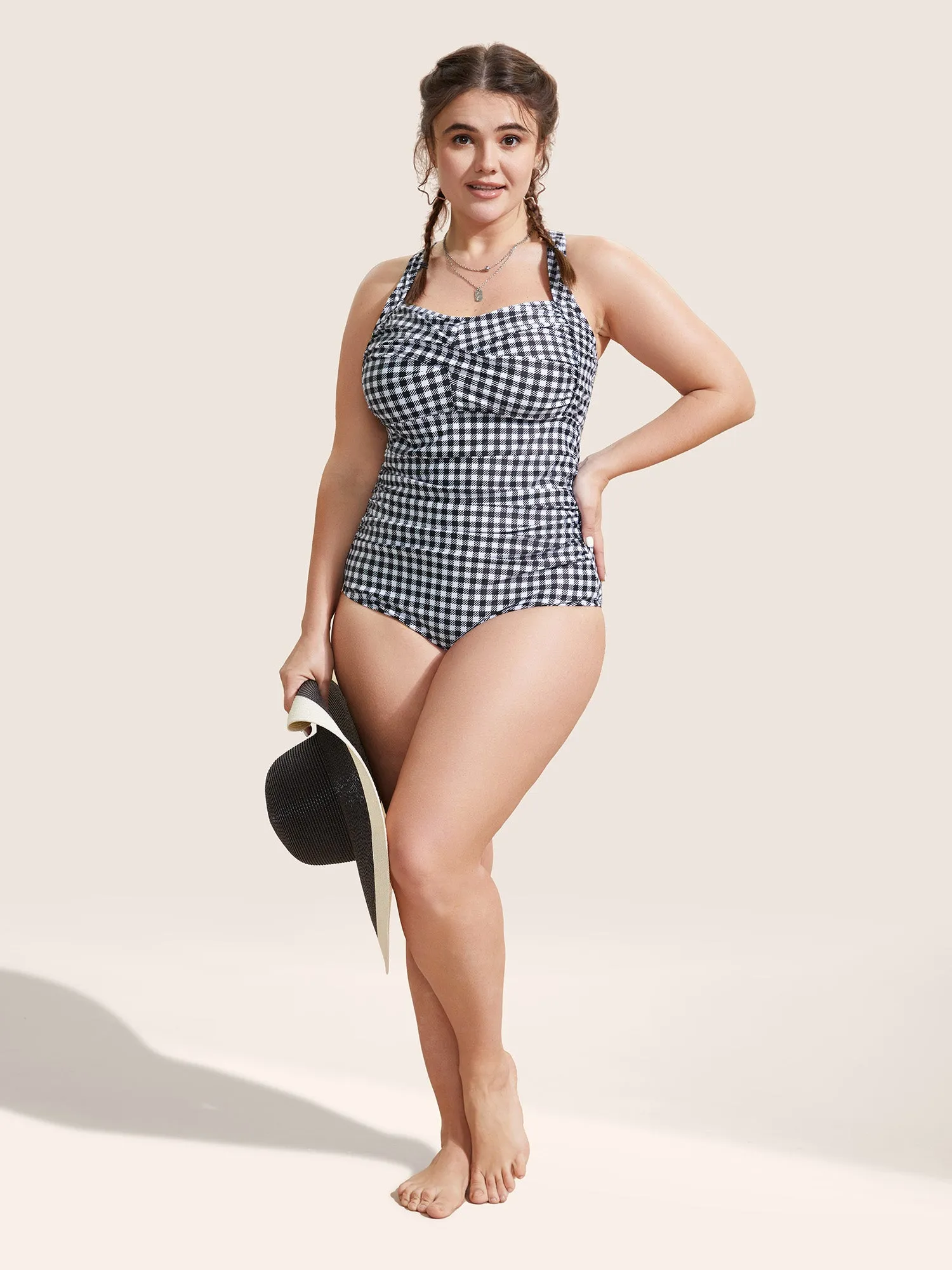 Gingham Heart Neckline Crossover One Piece Swimsuit sold by Bloomchic product image thumbnail 4