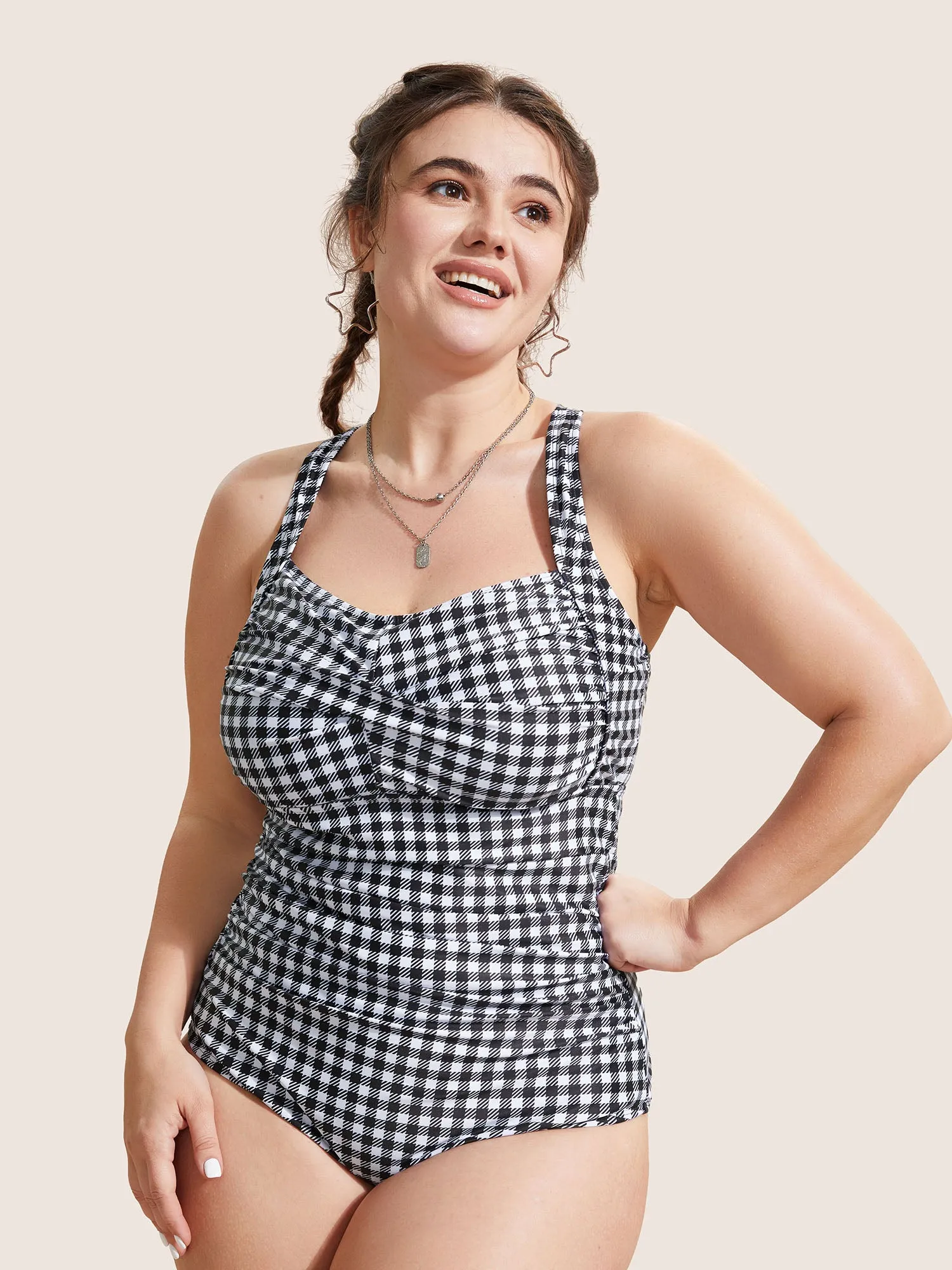 Gingham Heart Neckline Crossover One Piece Swimsuit sold by Bloomchic