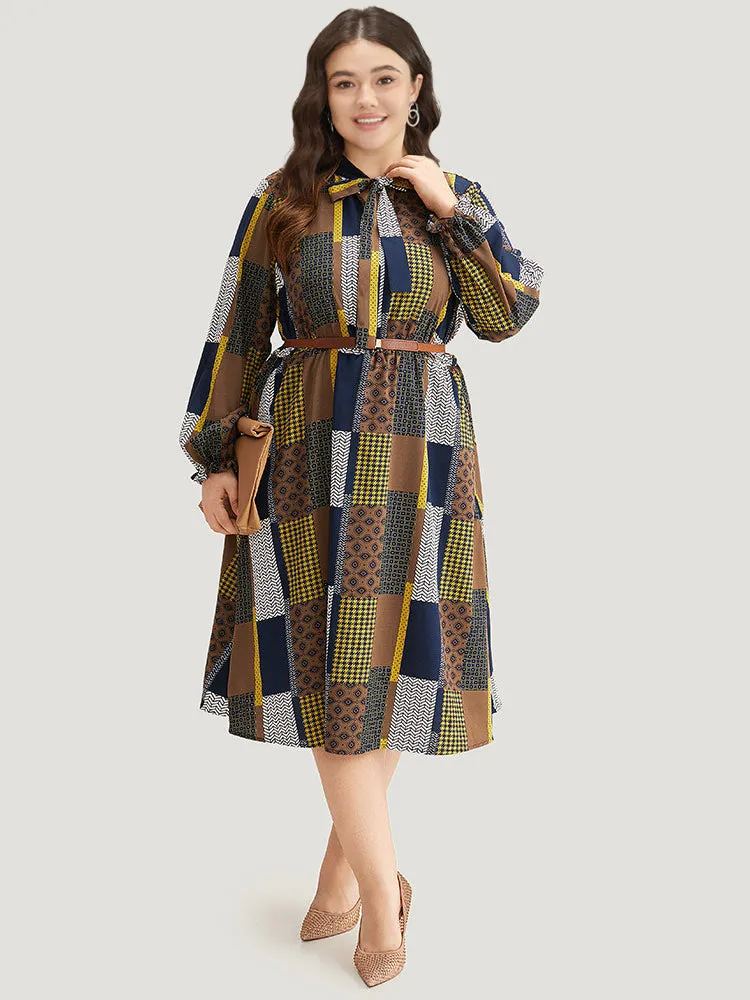 Colorblock Patchwork Lantern Sleeve Knot Dress sold by Bloomchic product image thumbnail 4