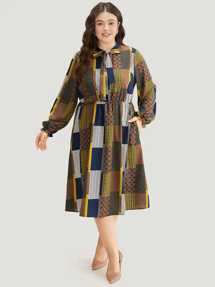 Colorblock Patchwork Lantern Sleeve Knot Dress sold by Bloomchic