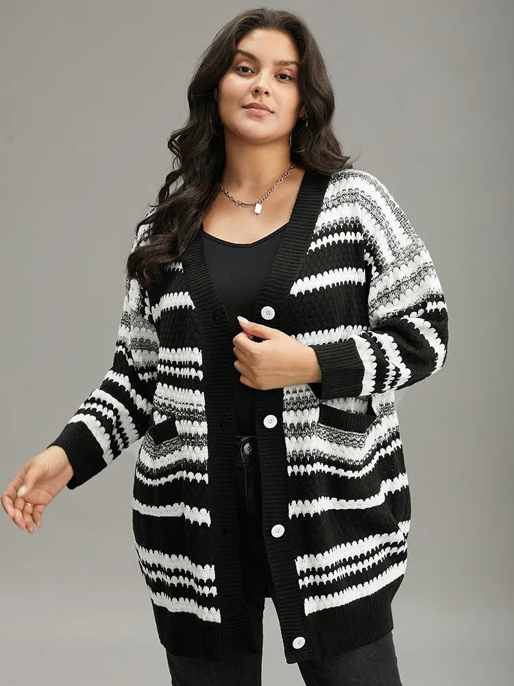 Striped Patched Pocket Button Up Cardigan sold by Bloomchic