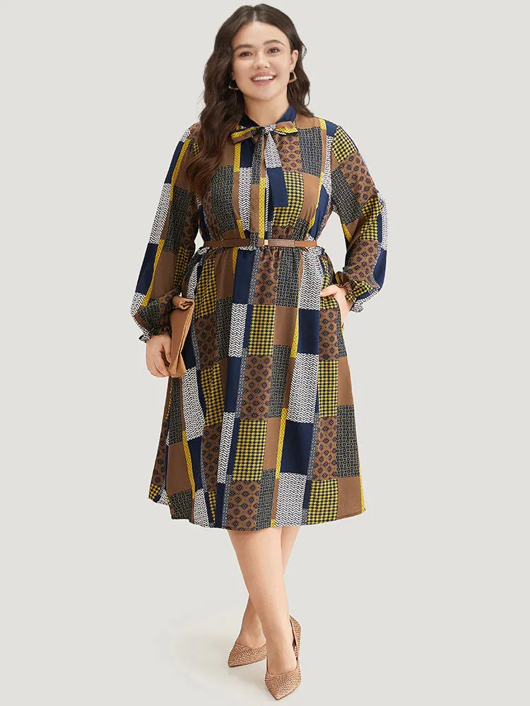 Colorblock Patchwork Lantern Sleeve Knot Dress sold by Bloomchic product image thumbnail 2