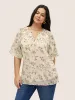 Floral Shirred Notched Flutter Sleeve Blouse sold by Bloomchic