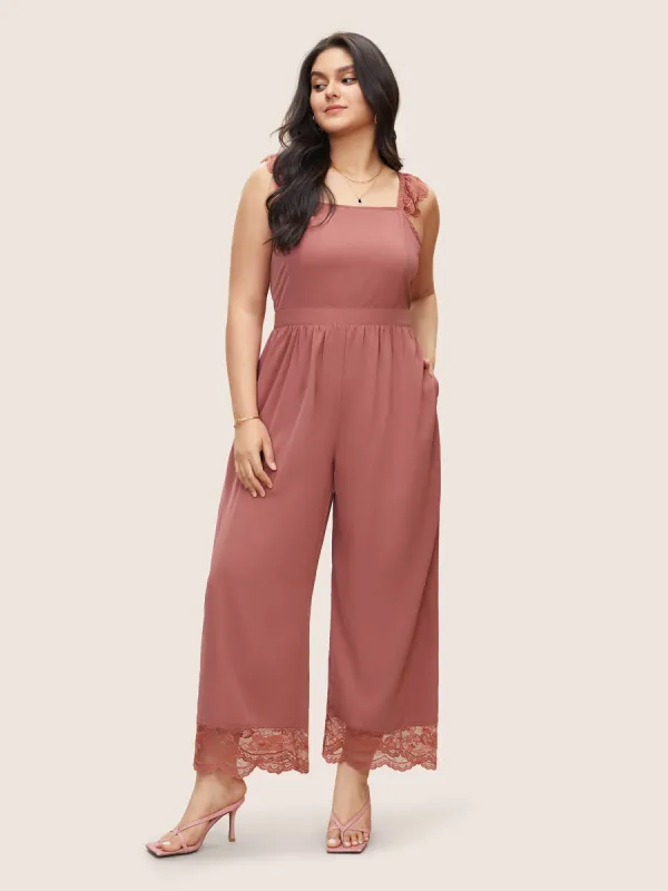 Solid Pocket Lace Panel Ruffles Pleated Cami Jumpsuit sold by Bloomchic