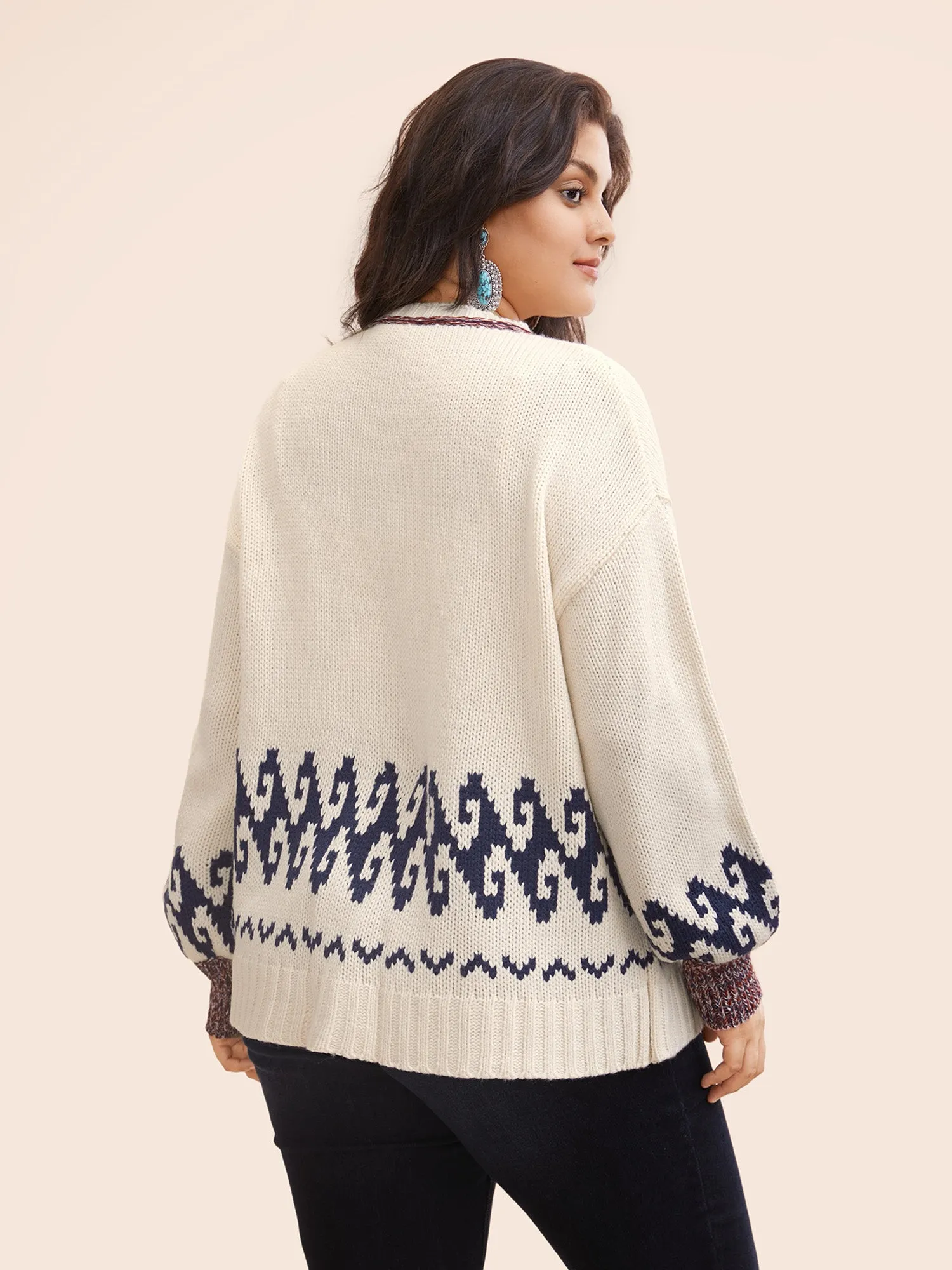 Fair Isle Balloon Sleeve Crew Neck Cardigan sold by Bloomchic product image thumbnail 2