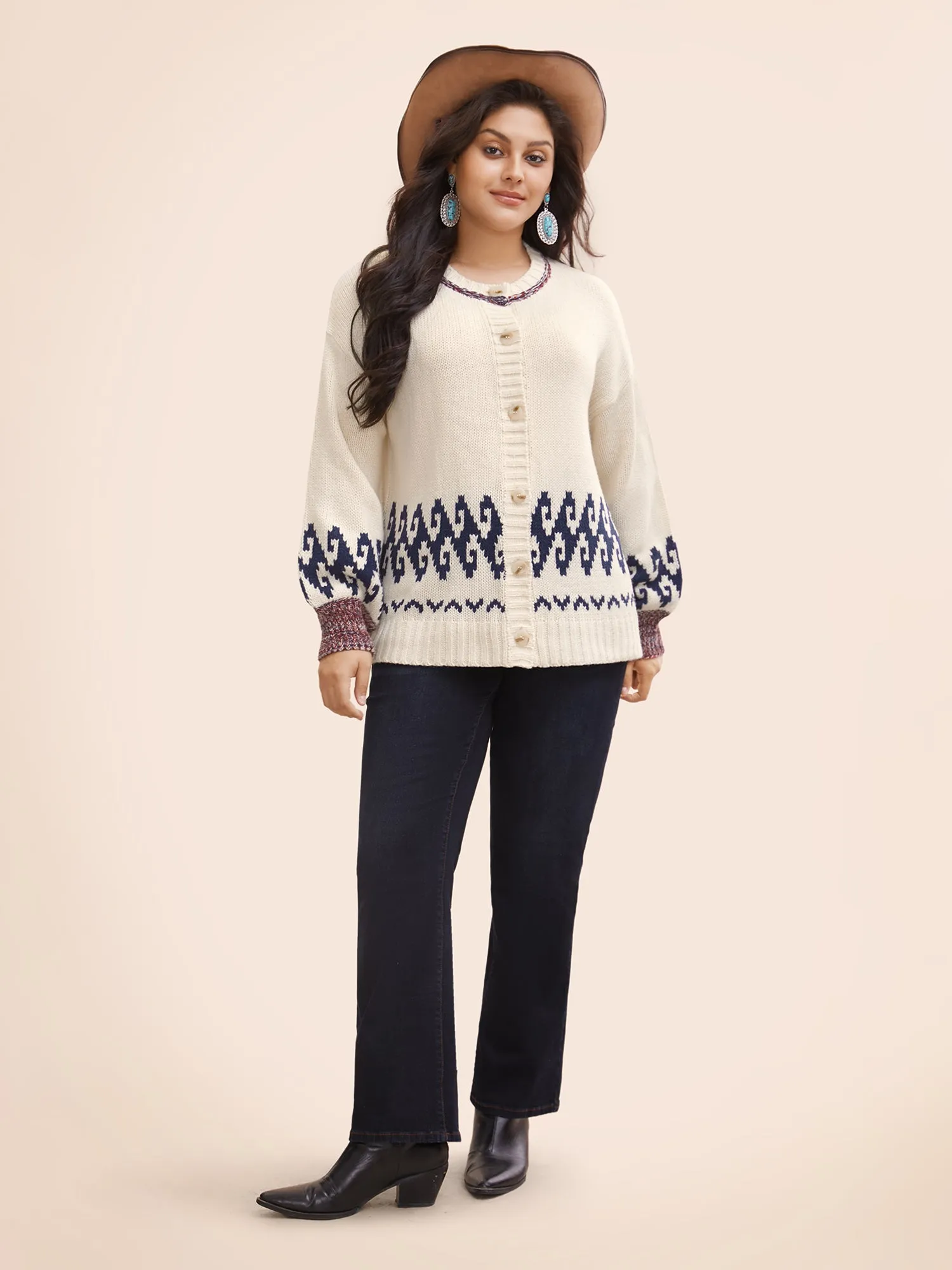 Fair Isle Balloon Sleeve Crew Neck Cardigan sold by Bloomchic product image thumbnail 3