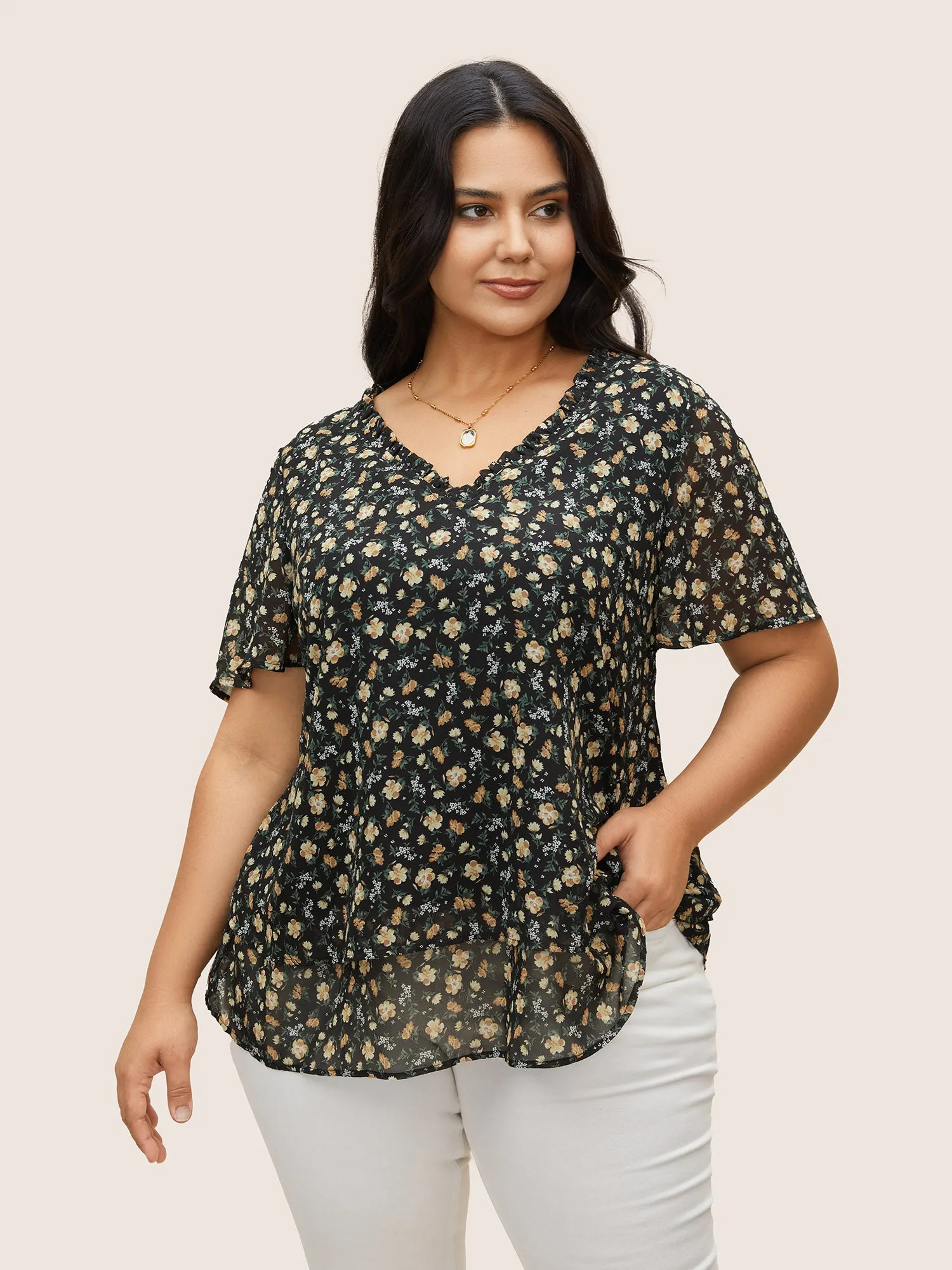 Ditsy Floral Flutter Sleeve See Through Blouse sold by Bloomchic