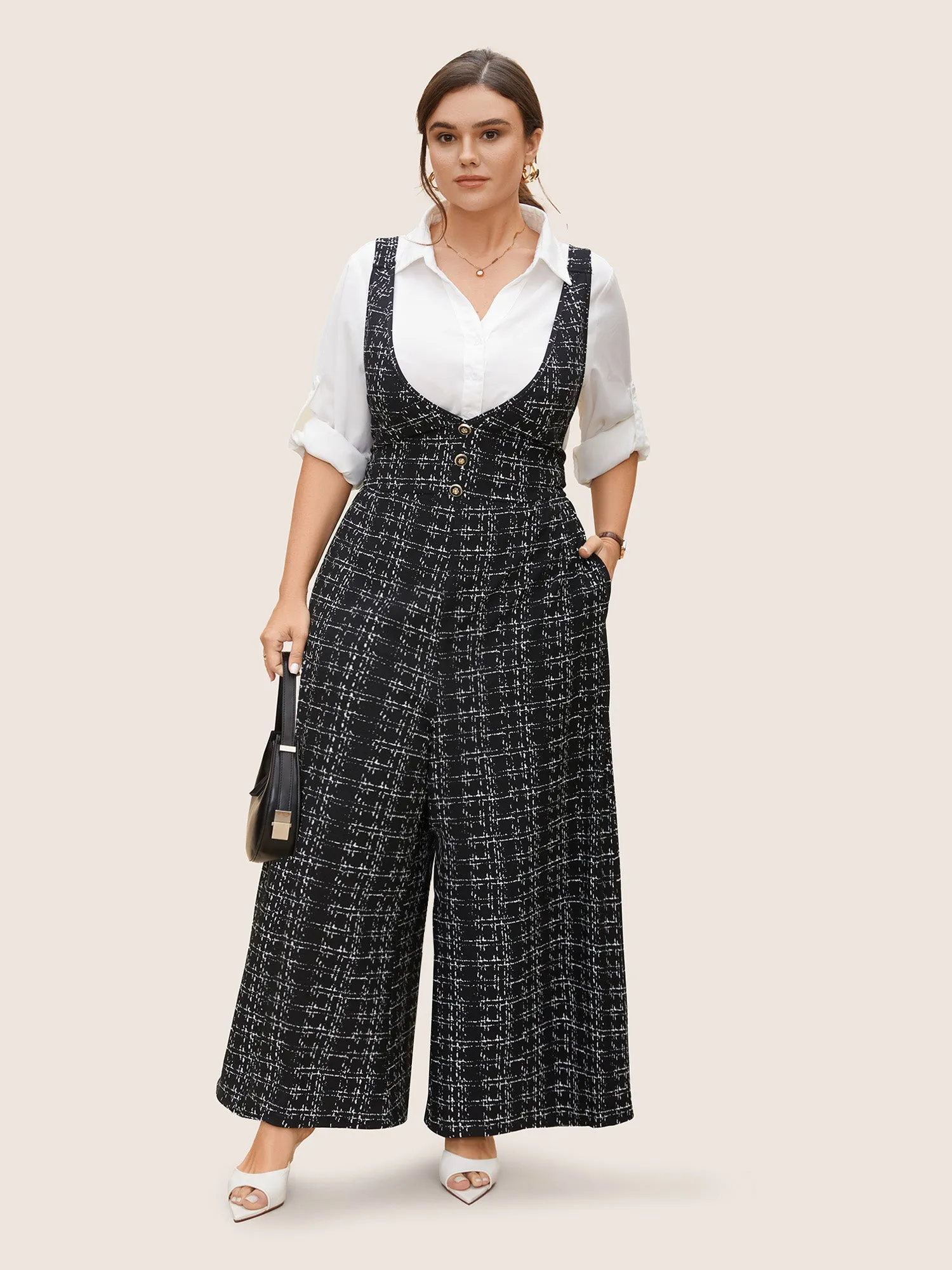 Plaid Tweed Crisscross Back Button Detail Jumpsuit sold by Bloomchic