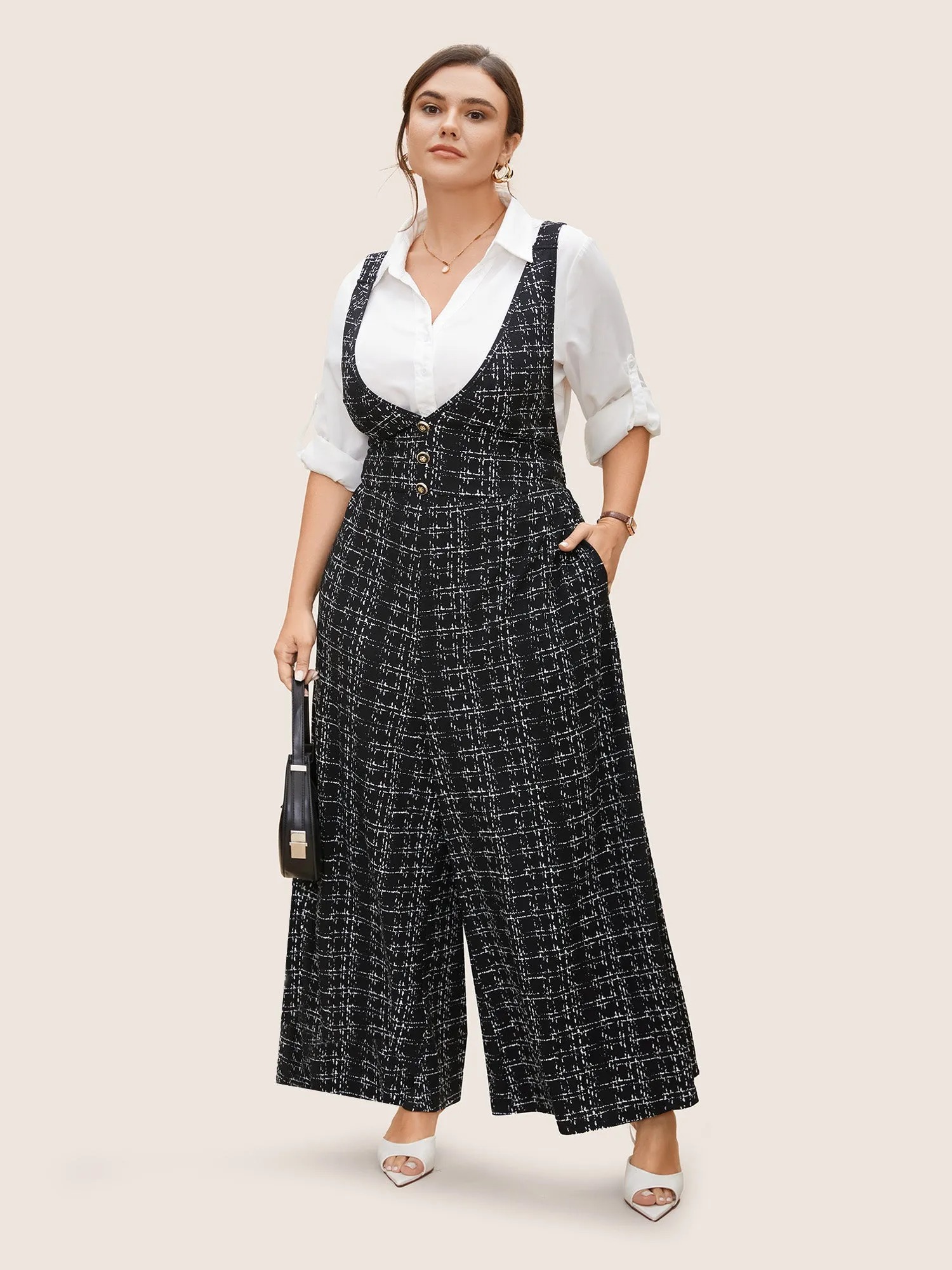 Plaid Tweed Crisscross Back Button Detail Jumpsuit sold by Bloomchic product image thumbnail 3