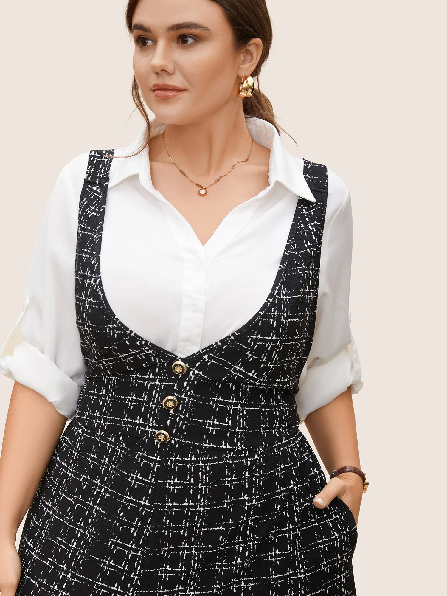 Plaid Tweed Crisscross Back Button Detail Jumpsuit sold by Bloomchic product image thumbnail 2