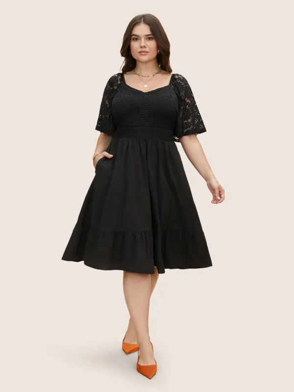 Crochet Lace Heart Neckline Patchwork Shirred Dress sold by Bloomchic