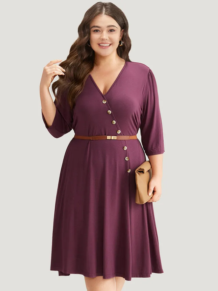 Asymmetrical Button Detail Ruffle Hem Dress sold by Bloomchic