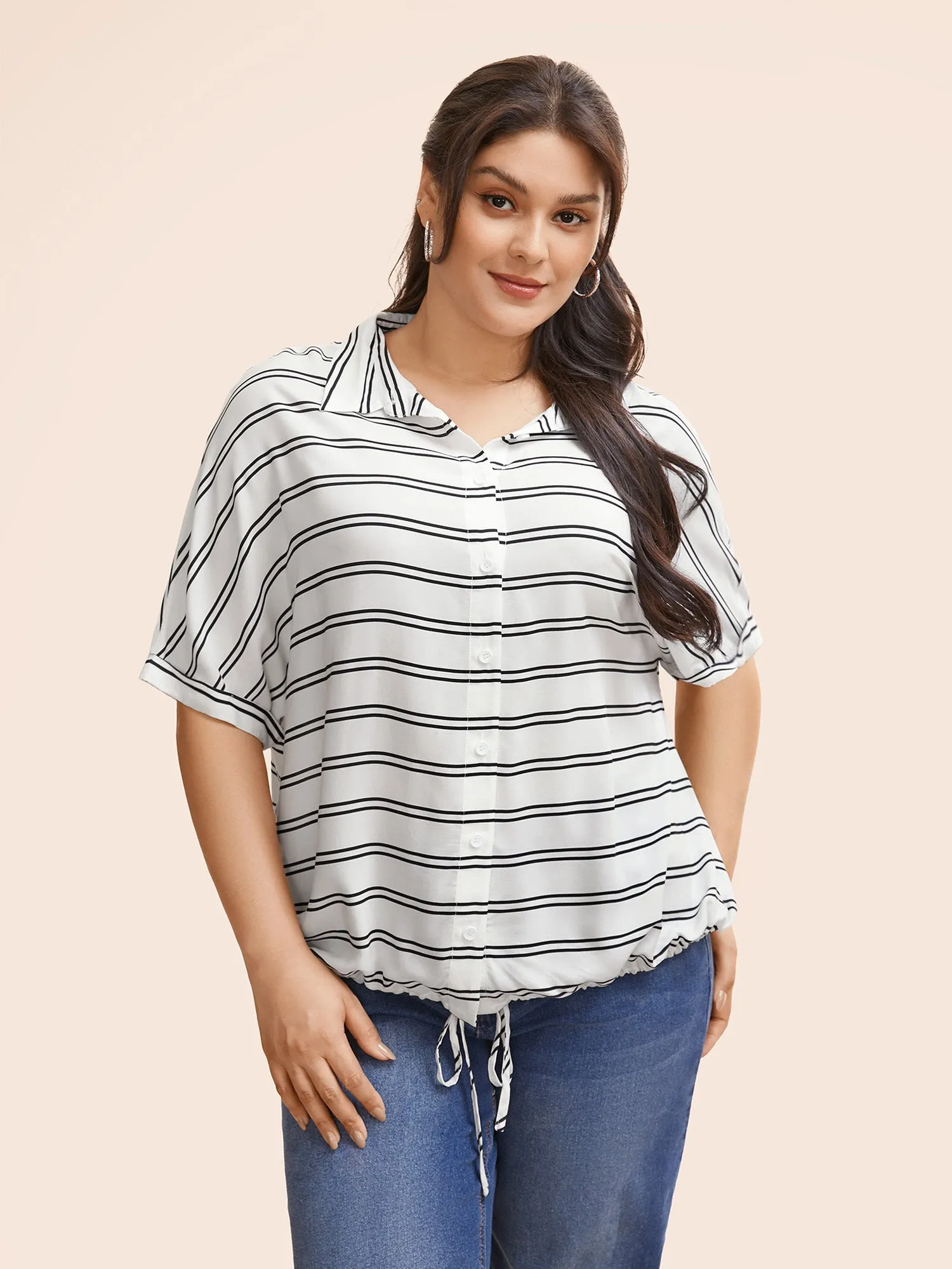 Shirt Collar Striped Drawstring Dolman Sleeve Blouse sold by Bloomchic product image thumbnail 2