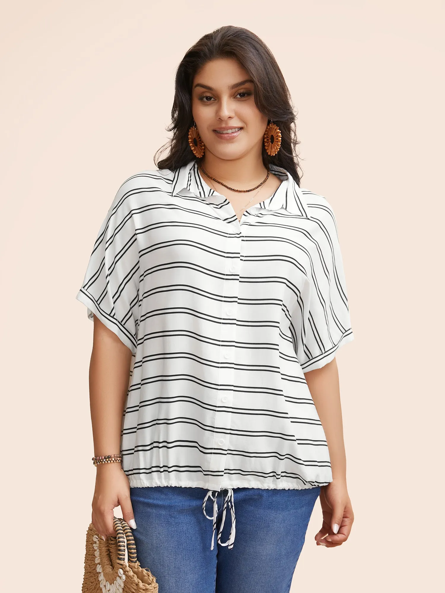 Shirt Collar Striped Drawstring Dolman Sleeve Blouse sold by Bloomchic
