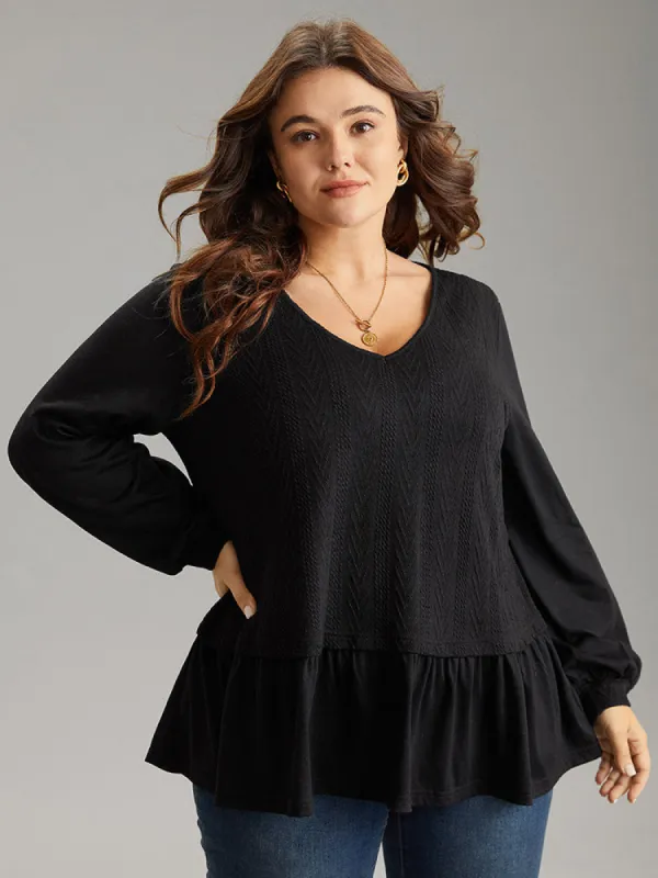 Plain Texture Ruffle Hem Lantern Sleeve T-shirt sold by Bloomchic