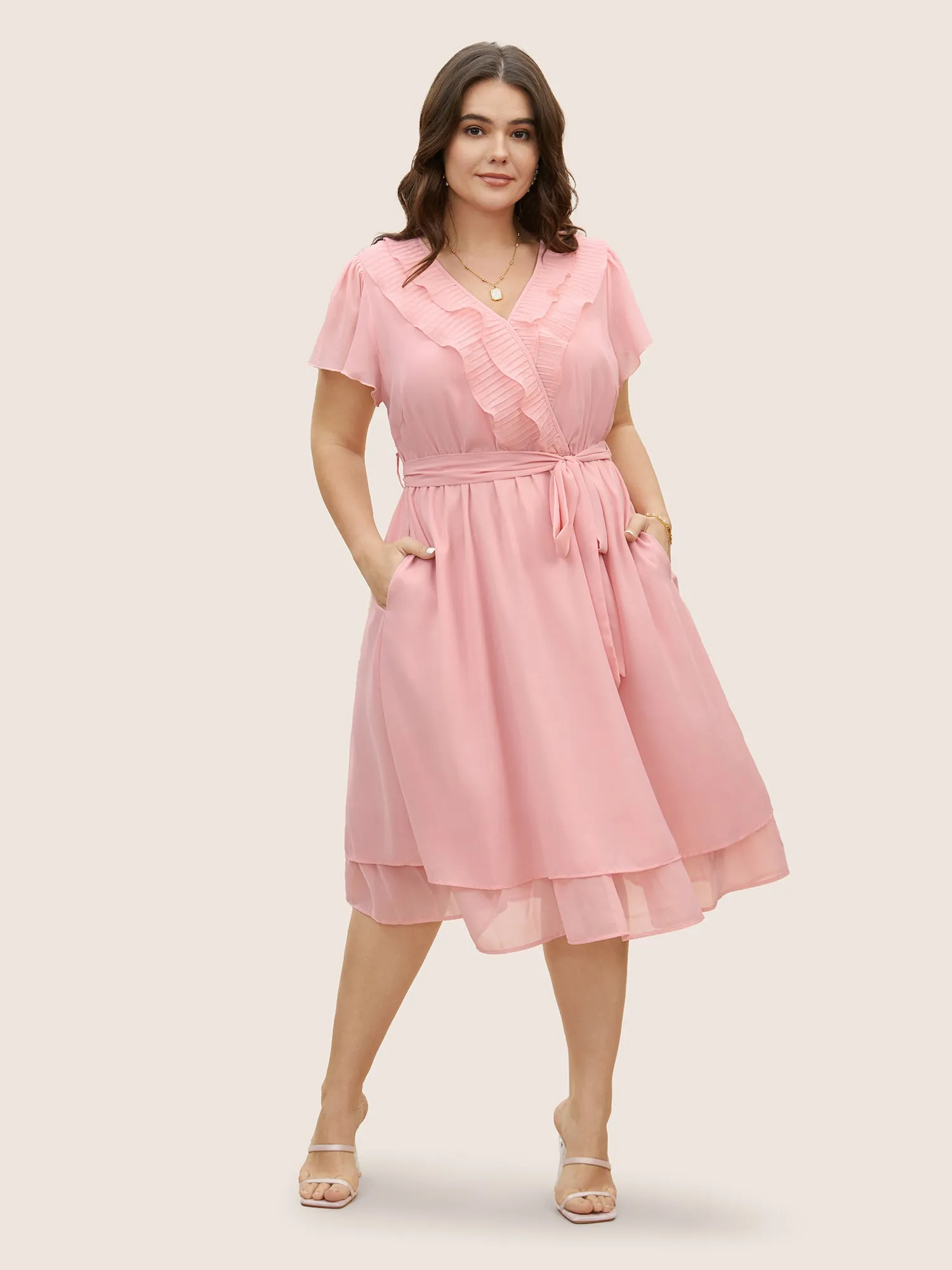 Solid Wrap Textured Ruffle Trim Belted Dress sold by Bloomchic
