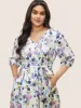 Floral Print Shirred Overlap Collar Belted Dress sold by Bloomchic