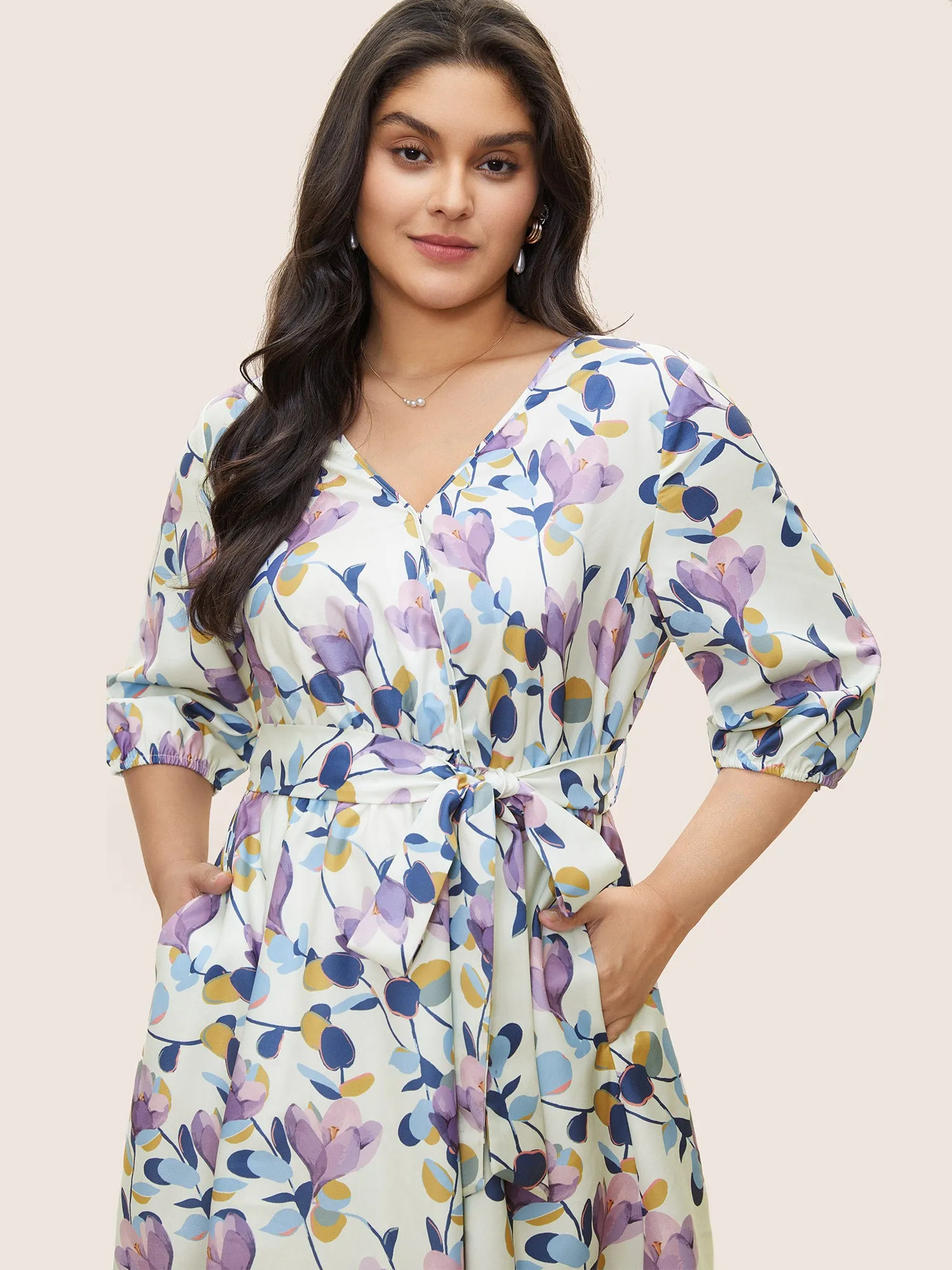 Floral Print Shirred Overlap Collar Belted Dress sold by Bloomchic product image thumbnail 4