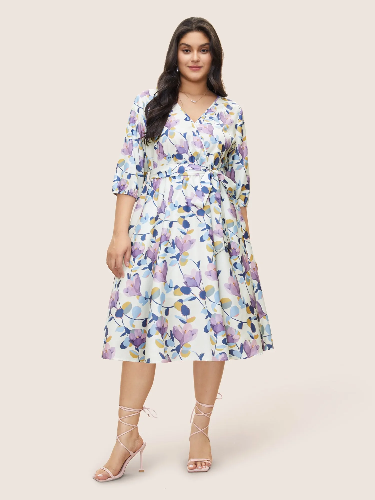 Floral Print Shirred Overlap Collar Belted Dress sold by Bloomchic