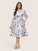 Floral Print Shirred Overlap Collar Belted Dress sold by Bloomchic