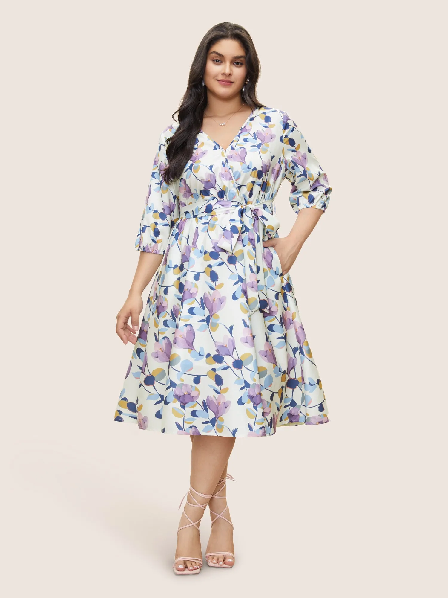 Floral Print Shirred Overlap Collar Belted Dress sold by Bloomchic product image thumbnail 2