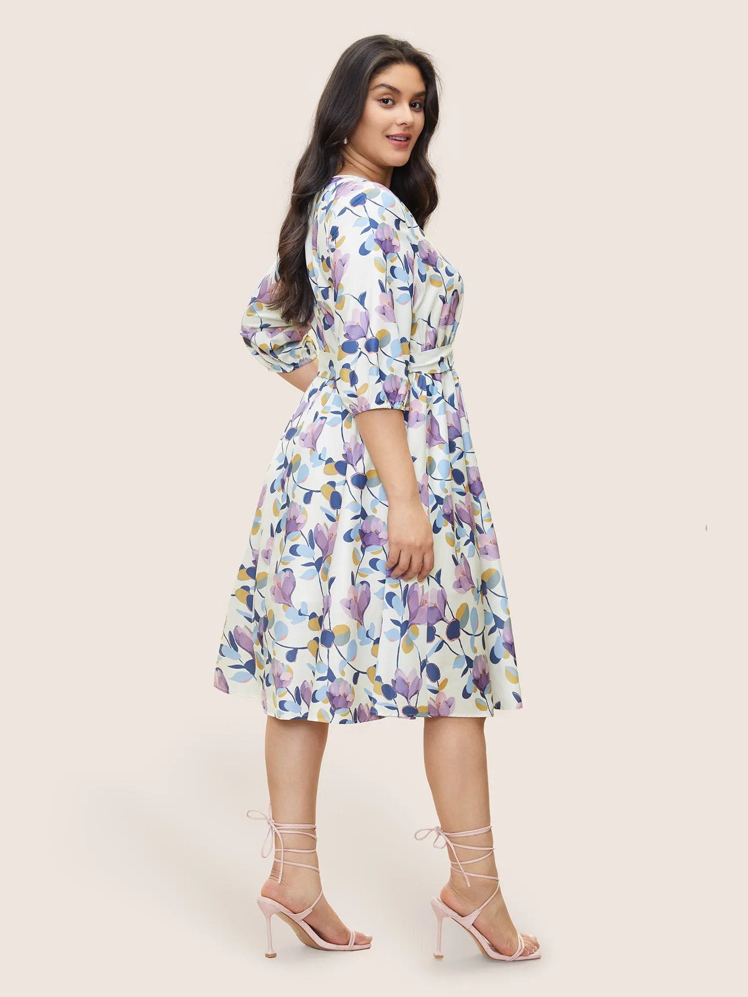 Floral Print Shirred Overlap Collar Belted Dress sold by Bloomchic product image thumbnail 3