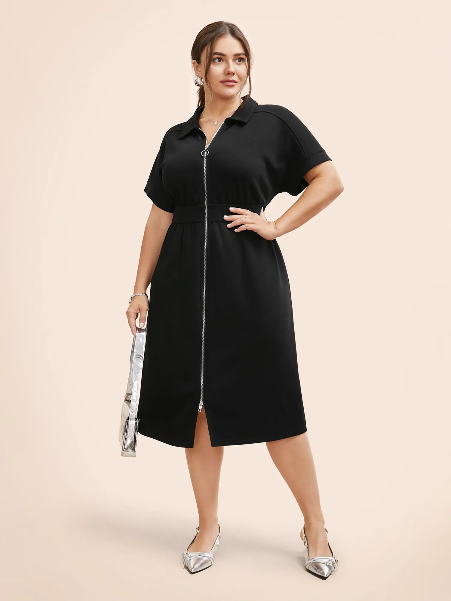 Lapel Collar O Ring Zipper Midi Dress sold by Bloomchic