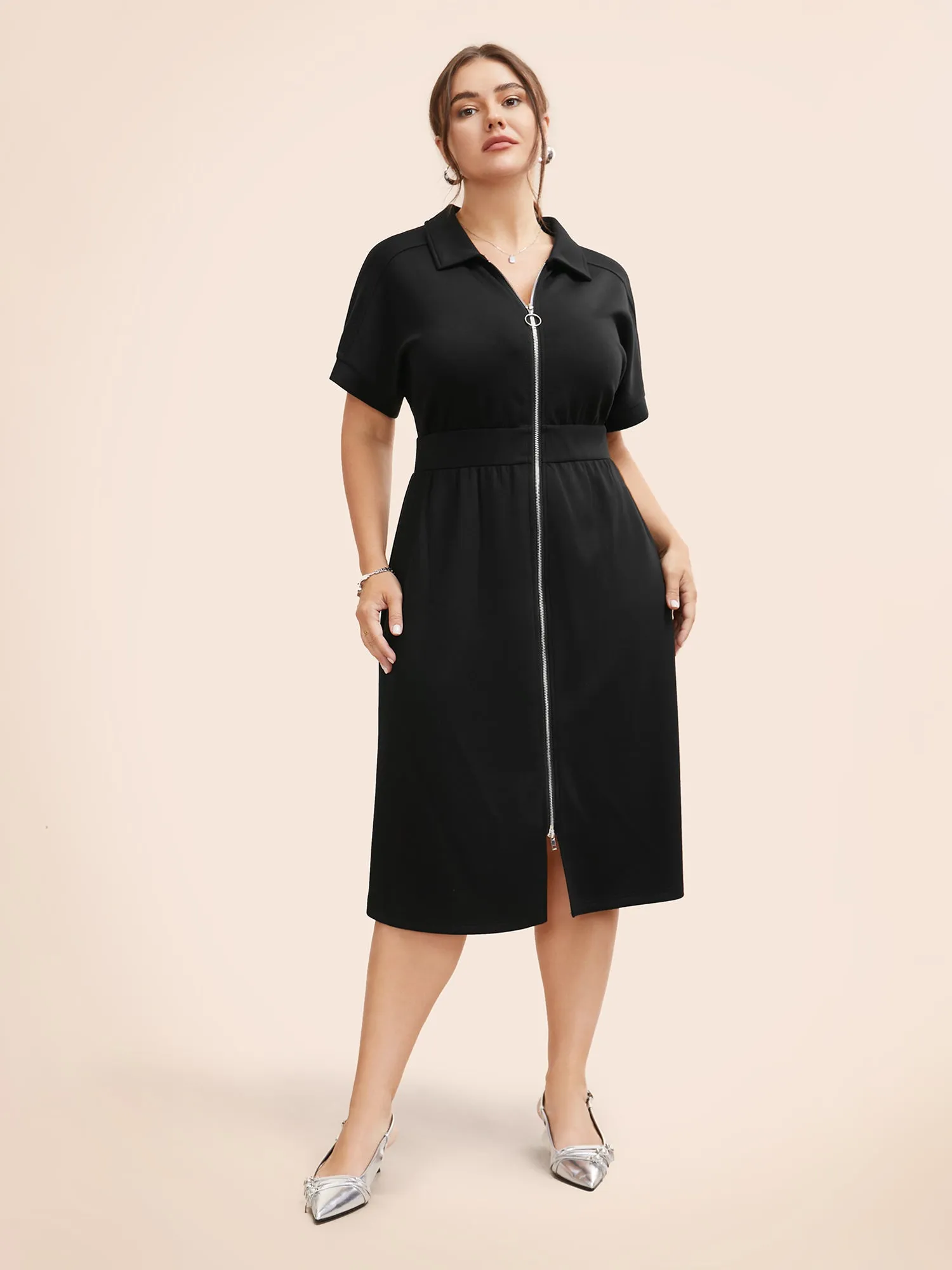 Lapel Collar O Ring Zipper Midi Dress sold by Bloomchic product image thumbnail 2